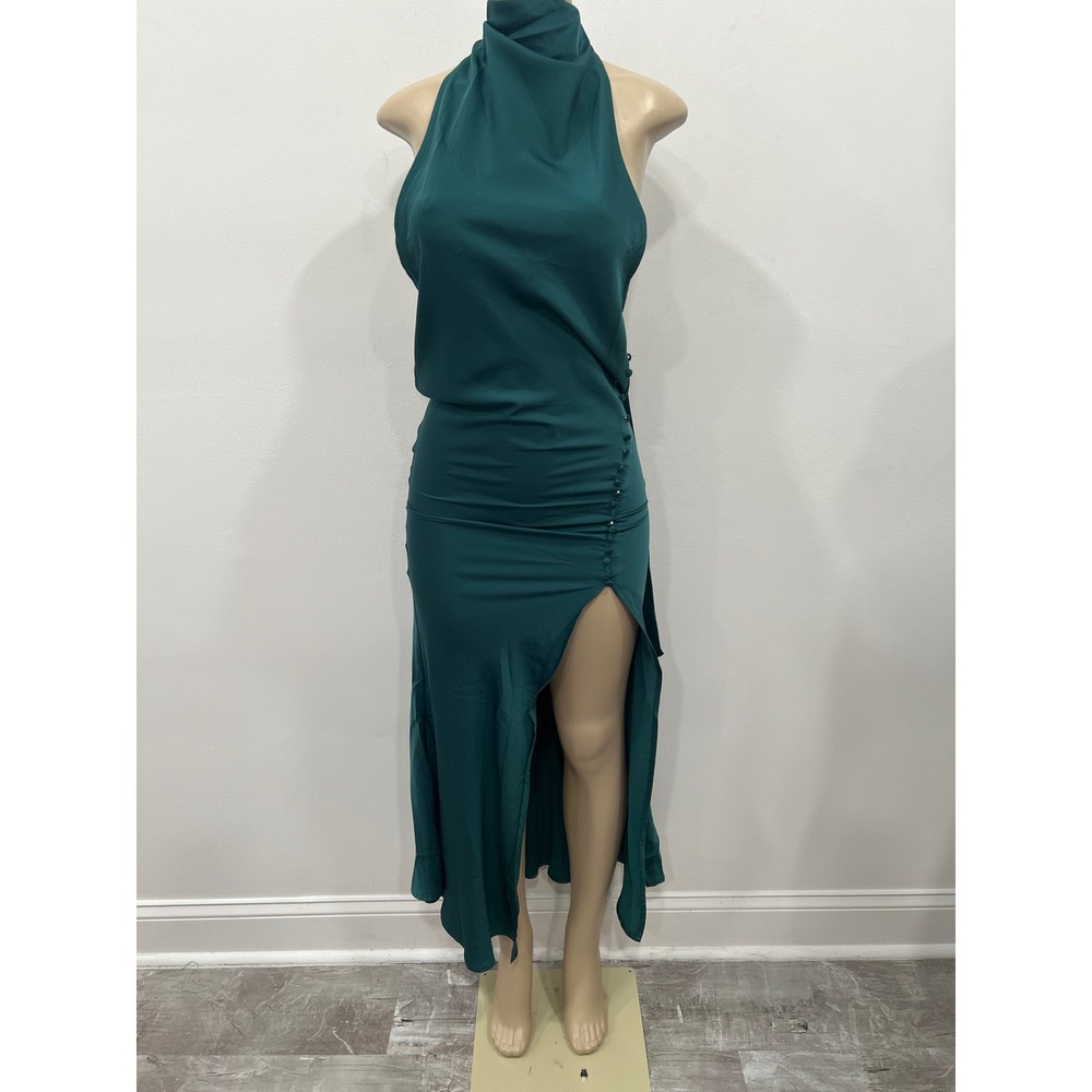 Edit by Nine Green Halter Maxi Dress Side Button Slit Women Small Formal Gown